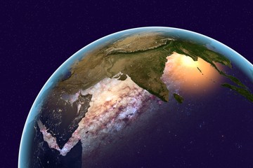 Planet Earth on background with stars, the Earth from space showing India and Arabian peninsula on globe in the day time, galaxies are reflected in water, elements of this image furnished by NASA