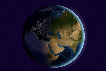Planet Earth, the Earth from space showing India, Asia, Europe on globe in the day and night time, elements of this image furnished by NASA