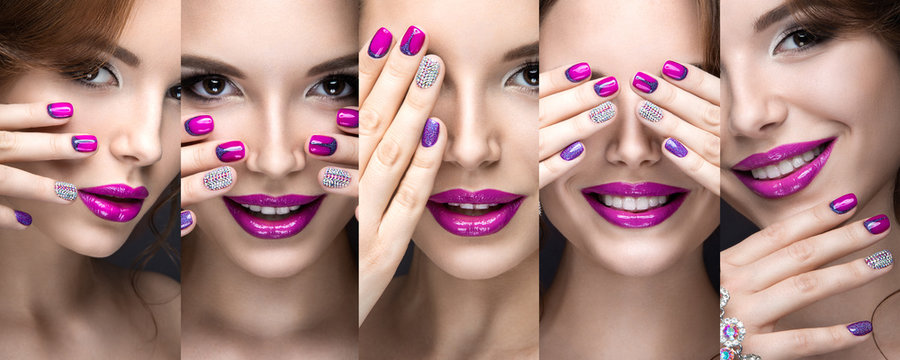 Beautiful girl with a bright evening make-up and pink manicure