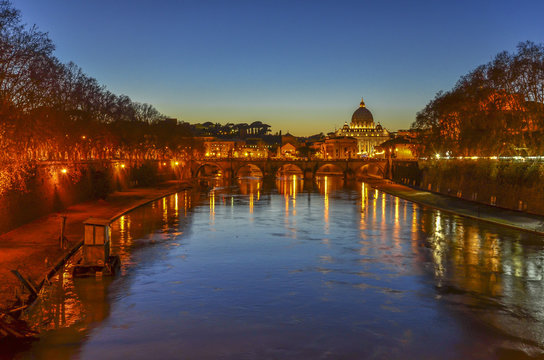 Rome at dusk, Tiber River and the Vatican view