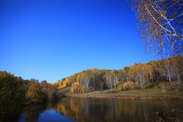 Fototapeta na wymiar Lake reflections of fall foliage. Colorful autumn foliage