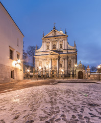Krakow, Poland, baroque church of st Peter and Paul in blue hour, winter morning.