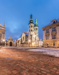 Krakow, Poland, romanesque church of Saint Andrew on Mary Magdalene square in blue hour, winter morning.