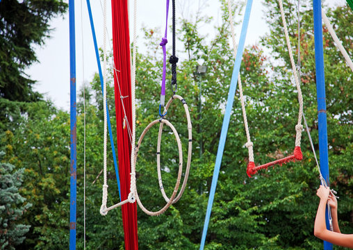 Rings, swings and ropes in a park