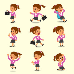 Cartoon businesswoman character poses on yellow background for design.