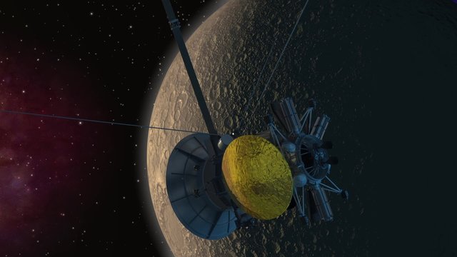 Spacecraft orbiter passing a moon-like planet