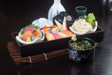 japanese cuisine. lunch box set on the background