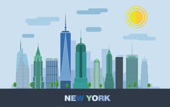 The landscape of skyscrapers in New York. Vector flat illustration.