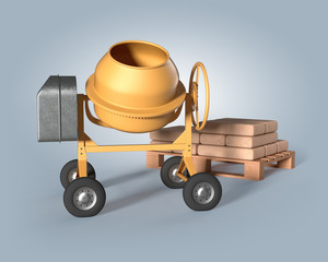 concrete mixer and pallet of raw materials on an isolated backgr