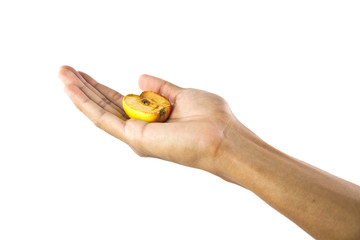 Fototapeta premium Hand holding half of apple fruit on white background