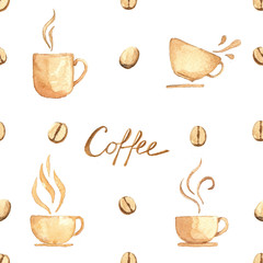 Seamless coffee background, Watercolor paint high resolution
