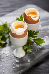 Boiled eggs on marble background