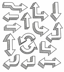 Arrows, hand-drawn, fine lines, monochrome, black. 