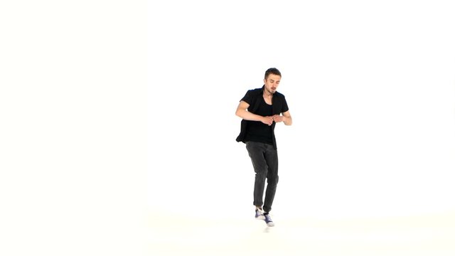 One hip hop acrobatic break-dancer stylish man dancing, on white
