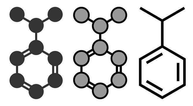 Cumene (isopropylbenzene) aromatic hydrocarbon molecule.