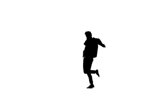 Young b-boy man doing brake dancing movements, on white, slow