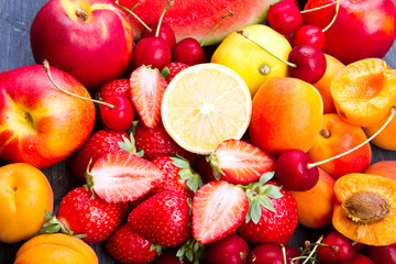 fresh fruit on wooden table