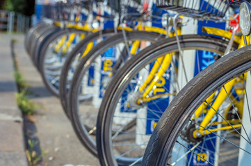 Fototapeta na wymiar Bicycle tires, parked city sharing bicycles
