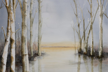 Original watercolour, trees at the side of a lake