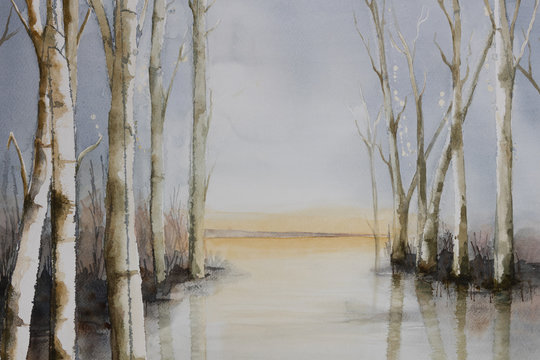 Original watercolour, trees at the side of a lake