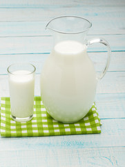 A glass of milk and a milk jug on plaid tablecloth.