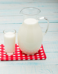 A glass of milk and a milk jug on plaid tablecloth.