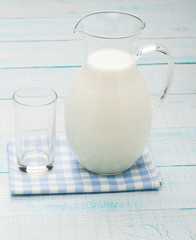 A glass of empty  and a milk jug on plaid tablecloth.