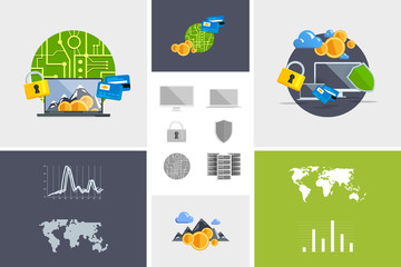 Naklejka premium Flat modern design vector illustration and icon. Concept electronic commerce. Bitcoin mining. Cloud technology. Virtual money. Infographic Element. Network Earnings. Digital World map, graph, diagram.