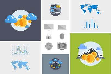 Flat modern design vector illustration and icon. Concept electronic commerce. Bitcoin mining. Cloud technology. Virtual money. Infographic Element. Network Earnings. Digital World map, graph, diagram.