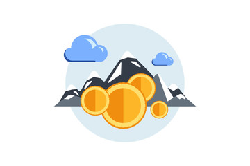 Isolated flat color vector illustration on light background. Visualization concept electronic commerce, mining Bitcoin. Cloud technology. Virtual money. Elements for infographics. Earnings in network.
