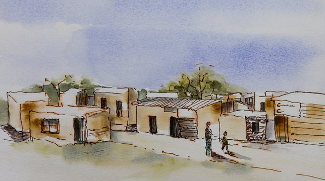 Original Watercolour, Wooden Houses In An African Informal Settlement