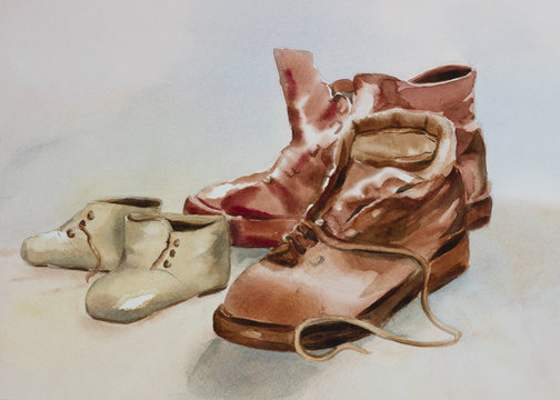 Original watercolour, still life, two pairs of shoes