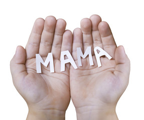 Baby hands holding cut out the word mom on a white background