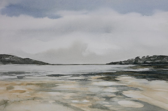 Original watercolour, beach landscape, Sedgefield, Western Cape, South Africa.