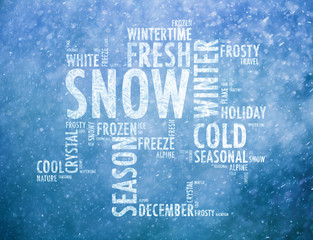 Conceptual cold, fresh and frozen winter season composed bright words. Winter bright white words cloud concept on blurry snowy blue colored background.
