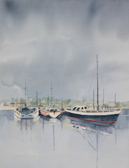 Fototapeta premium Original watercolour, boats moored in the harbour.