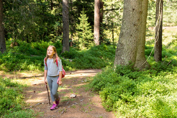 Naklejka na ściany i meble Little hiker girl in forest. Photo from Champex-Lac, Valais, swiss Alps