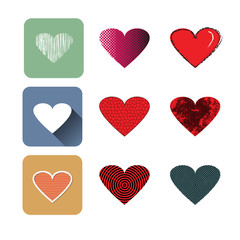 Vector illustration icon set of red hearts shape for Valentine's Day.Patterns design and flat icon long shadow style