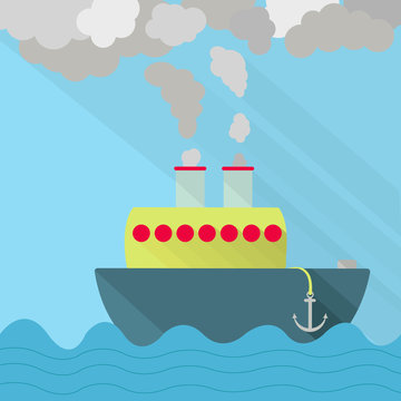 Ship steaming the exhaust pipe. Air pollution. Flat design with long shadow.