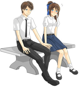 Cute cartoon Asian Thai college student and high schoolgirl couple in  school uniform is expressing teenage love as a boyfriend and girlfriend on  the bench in isolated background, create by vector Stock
