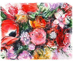 red bouquet with poppy, roses, buttercups/ watercolor painting