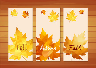 Three autumn banners with maple leaf in triangular style