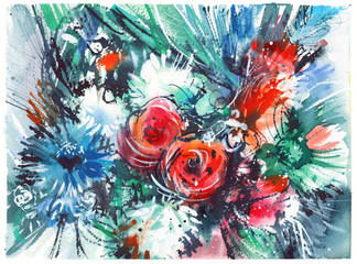 bouquet with cornflower and two red roses/ card with flowers/ watercolor painting
