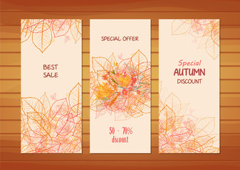 Three autumn banners with stylized autumn leaves