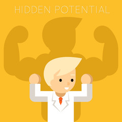Hidden potential concept. Businessman with strongman shadow
