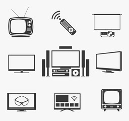 Retro TV flat screen, home theater and smart icons