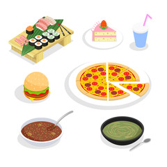Food isometric icons. Hamburgers and sushi, cake pizza