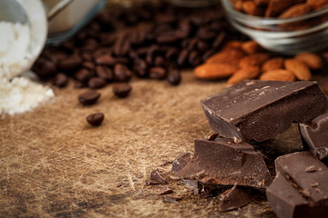 cake recipe ingredients on vintage background