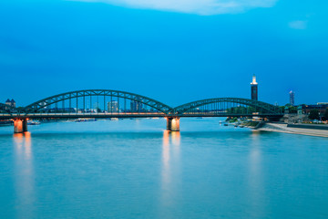 Night View Of Hohenzollern Arch Bridge Over River Rhine, Germany
