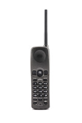 Wireless black telephone receiver on white background